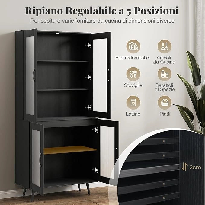 Credenza da Cucina Salvaspazio, Armadio Dispensa con 4 Ante Trasparenti, Ripiano Regolabile e Gambe in Metallo, Mobiletto Alto per Soggiorno e Sala da Pranzo, 80 x 40 x 178,5 cm (Nero)