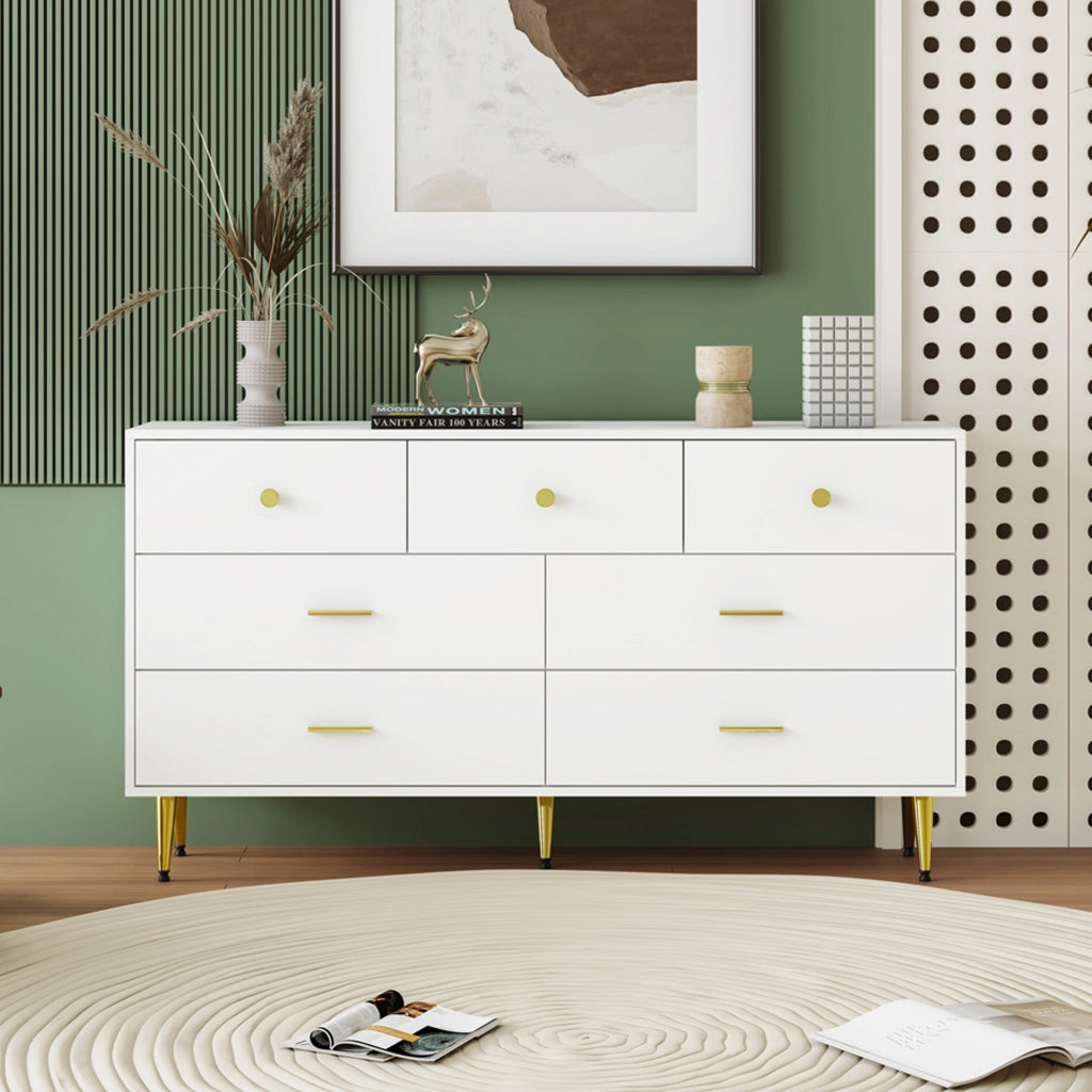 Credenza con 7 Cassetti ¨C Xylo ¨C Bianco, Maniglie Dorate, 140x35x76 cm
