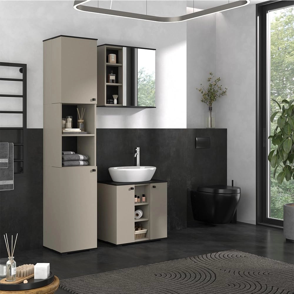 Set di mobili da bagno Joli, Grigio, 60 cm, composto da mobile sottolavabo, specchiera e colonna alta
