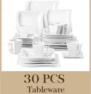 Set di servizio - 30 pezzi - Porcellana bianca - Piatti quadrati, zuppier, bicchieri e scodelle - Design minimalista - Sostenibile