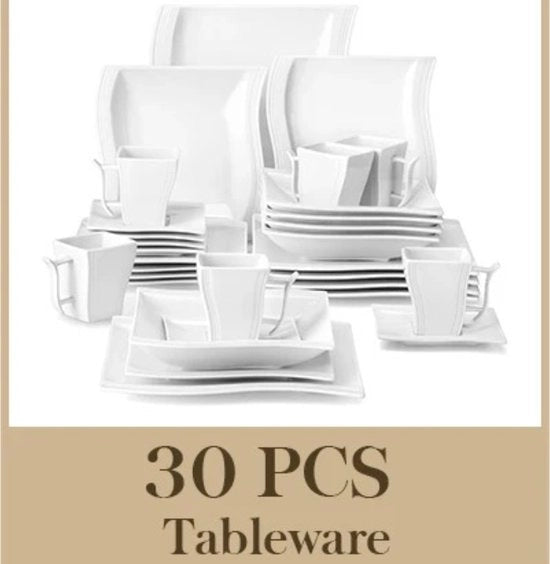 Set di servizio - 30 pezzi - Porcellana bianca - Piatti quadrati, zuppier, bicchieri e scodelle - Design minimalista - Sostenibile