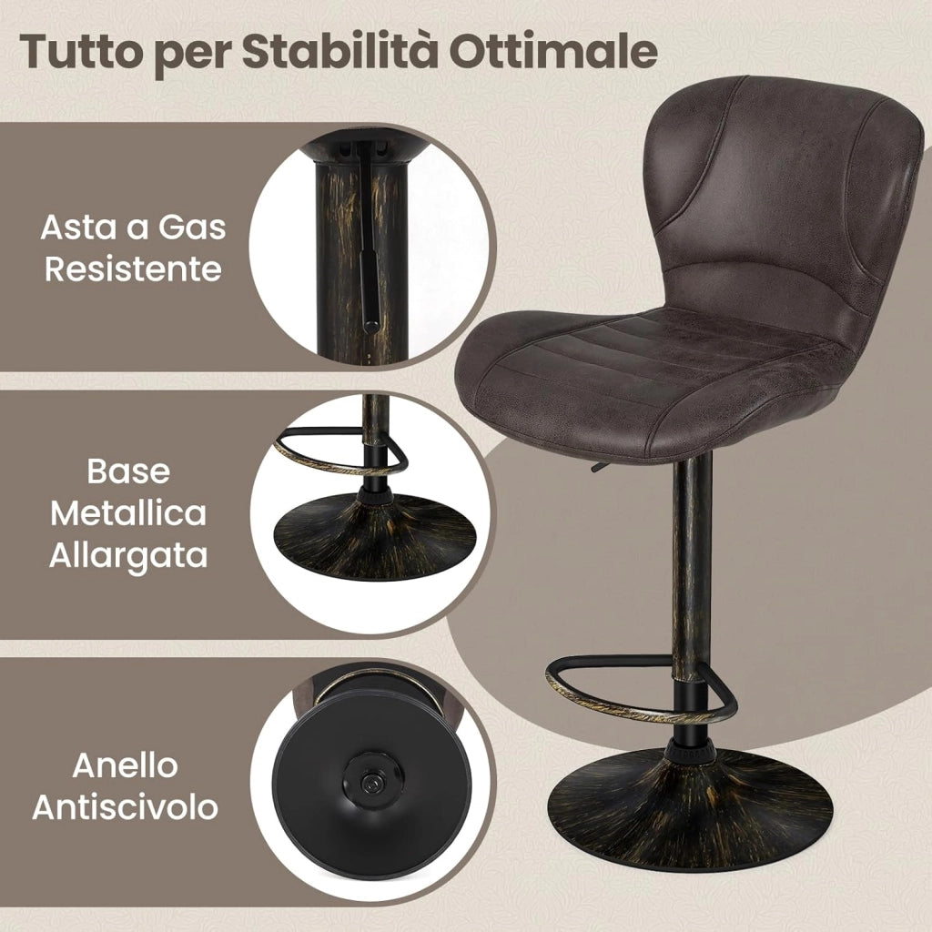 Set di 2 Sgabelli da Bar Moderno in Similpelle, Regolabile e Girevole a 360°, Sgabelli da Cucina con Schienale, Poggiapiedi, Sgabello Struttura in Metallo Stile Vintage da Casa (Marrone)