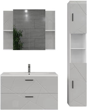 Set di mobili da bagno Irma, Bianco/bianco lucido, 100 cm, composto da mobile sottolavabo con lavabo, armadio alto e specchio da bagno