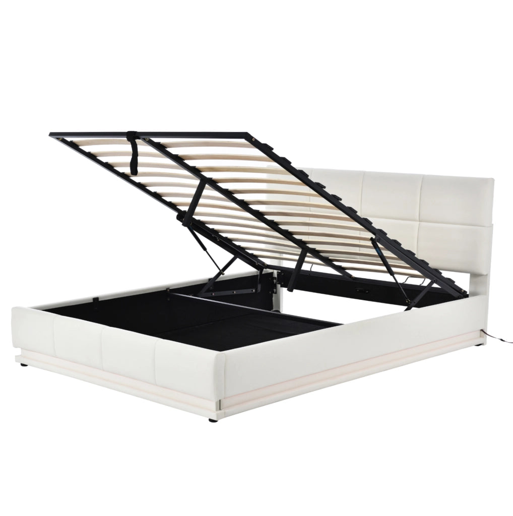 Letto imbottito 160x200 cm con LED e contenitore in similpelle bianco