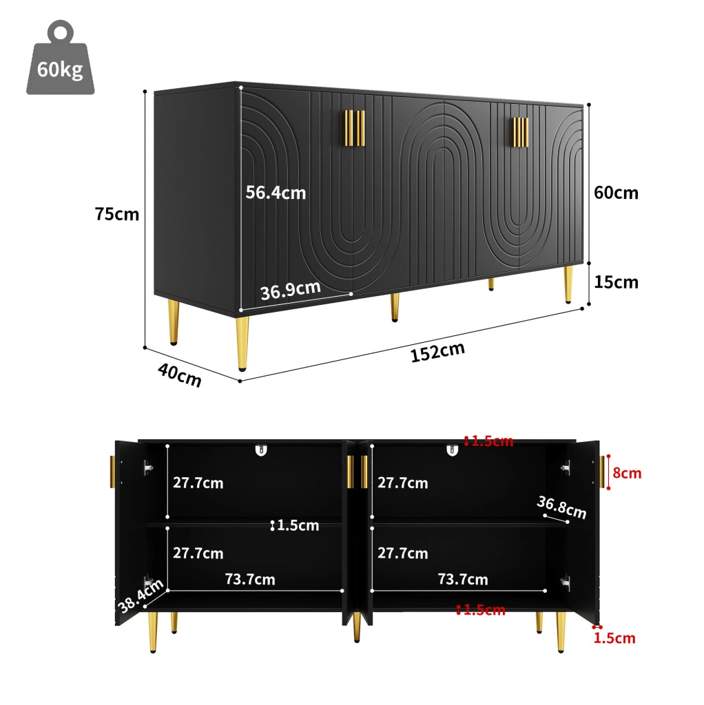 Madia 152x40 cm; design ondulato con dettagli dorati; MDF; nero