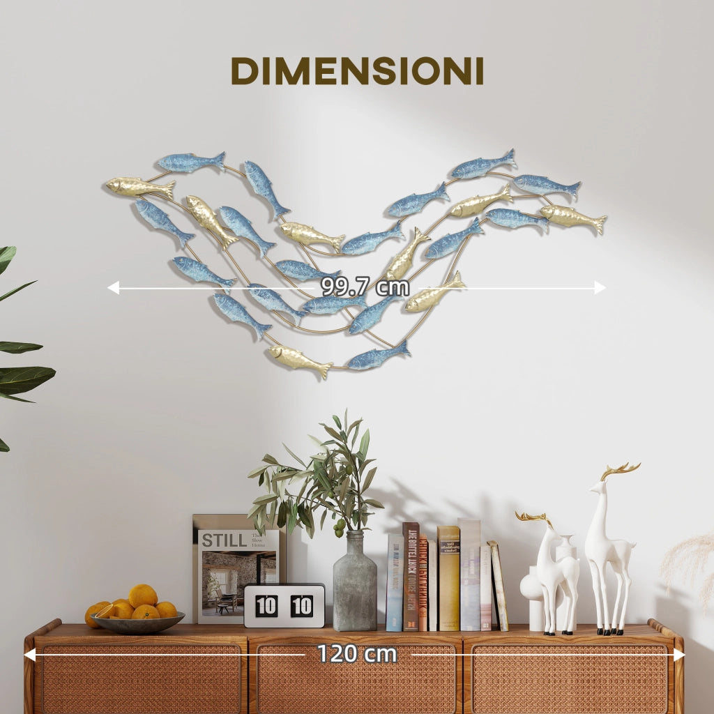 Wall Art Banco di Pesci 99,7x3,8x50,2 cm in Metallo con Viti Incluse Oro e Blu