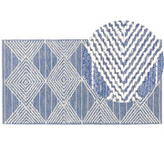 Tappeto in lana beige chiaro e blu poliestere 80 x 150 cm intrecciato a mano motivo geometrico boho soggiorno camera da letto