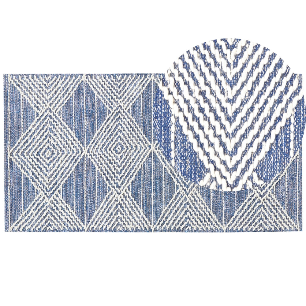 Tappeto in lana beige chiaro e blu poliestere 80 x 150 cm intrecciato a mano motivo geometrico boho soggiorno camera da letto