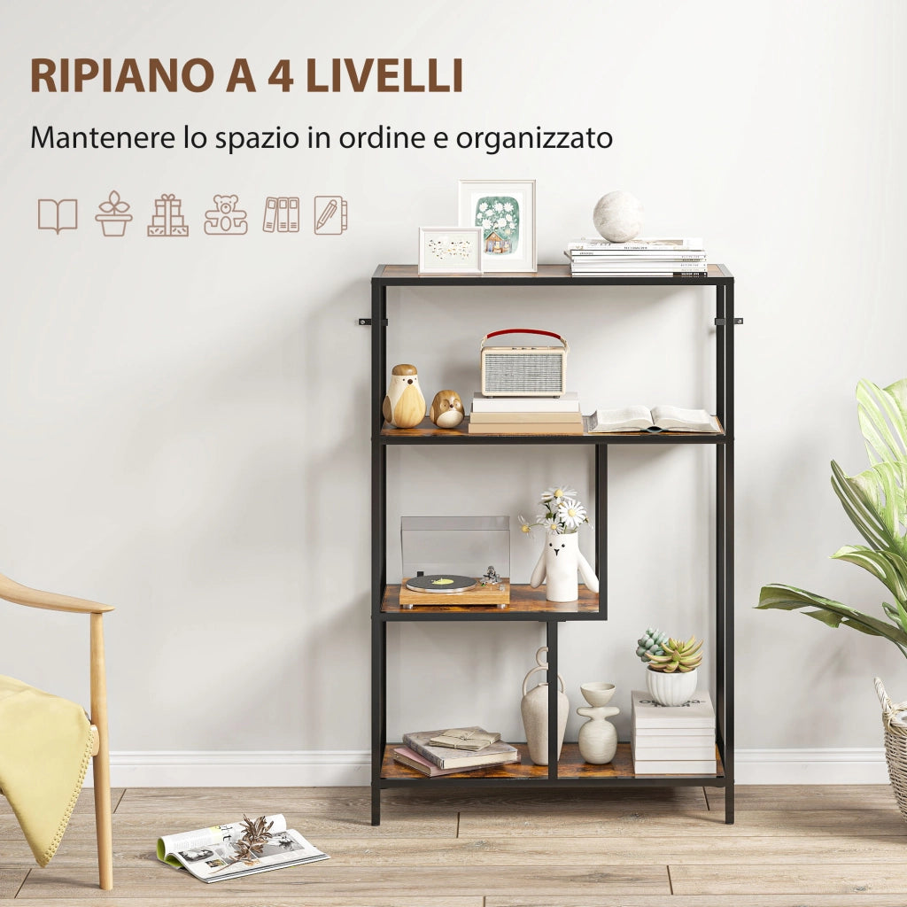 Mobile Libreria a 4 Ripiani Stile Industriale in Legno e Metallo, 77x30x116 cm, Marrone Rustico
