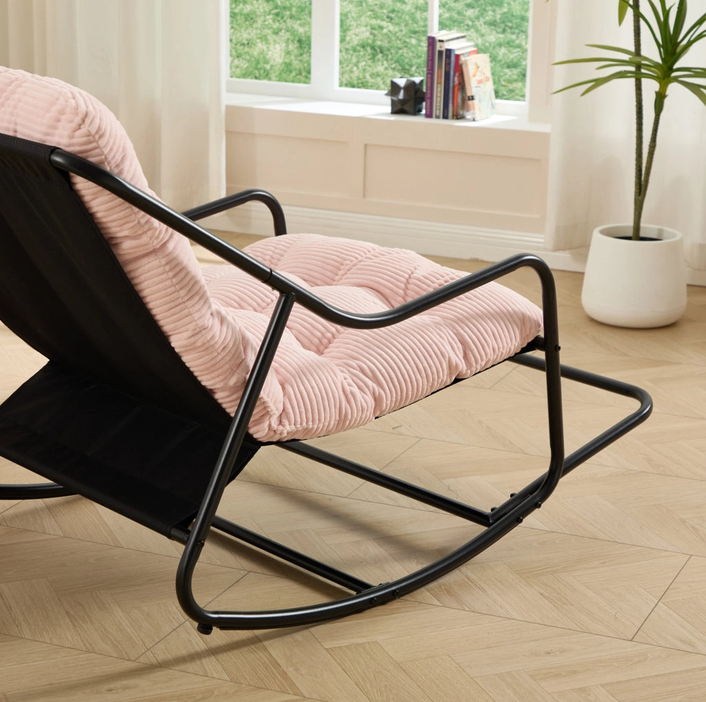 Sedia a dondolo da esterno con cuscino spesso; struttura in acciaio nero e seduta rosa 75x116x82 cm