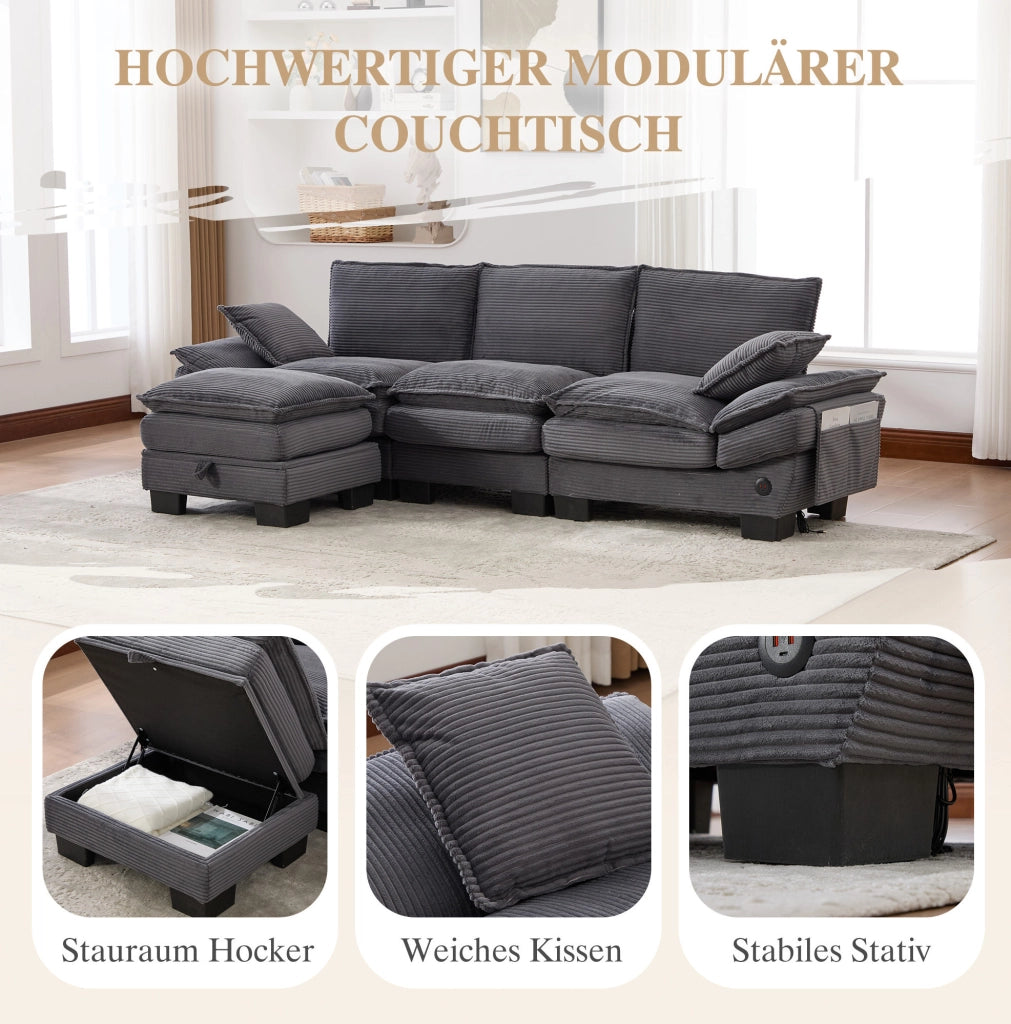 Divano modulare 3 posti con pouf 260x132x84 cm in tessuto a coste grigio scuro; USB-C