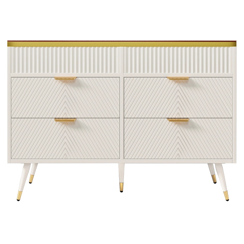 Buffet con maniglie in metallo - Xylo - 6 cassetti e 2 scompartimenti, facciate in vetro ambra, design a strisce irregolari, bianco