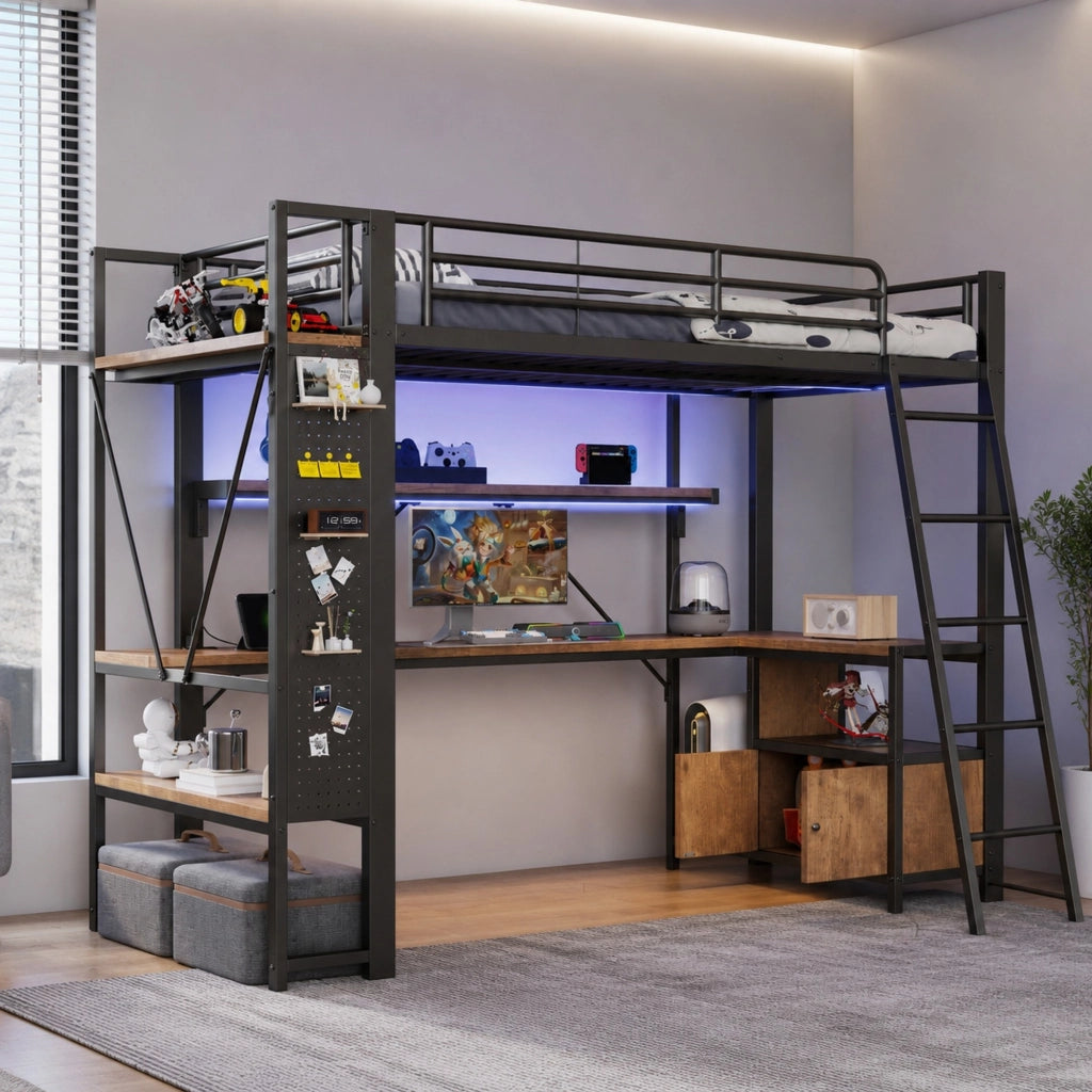 Letto a soppalco 90x200 cm con scrivania, LED e USB, nero