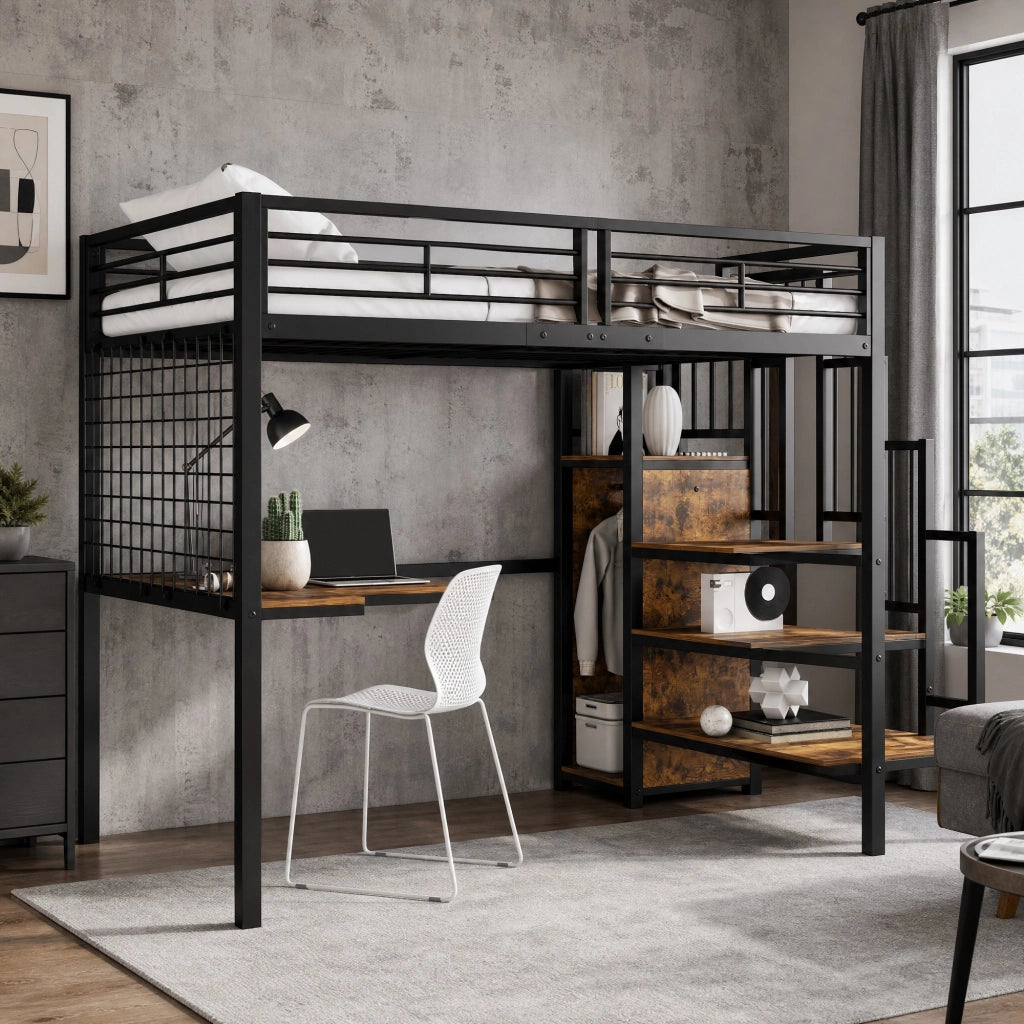 Letto a soppalco 90x200 cm con armadio e tavolo