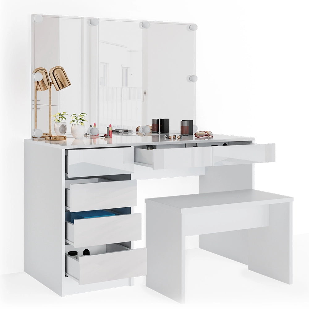 Vicco Tavolo da toeletta Bianco 120 cm con illuminazione a LED e panca