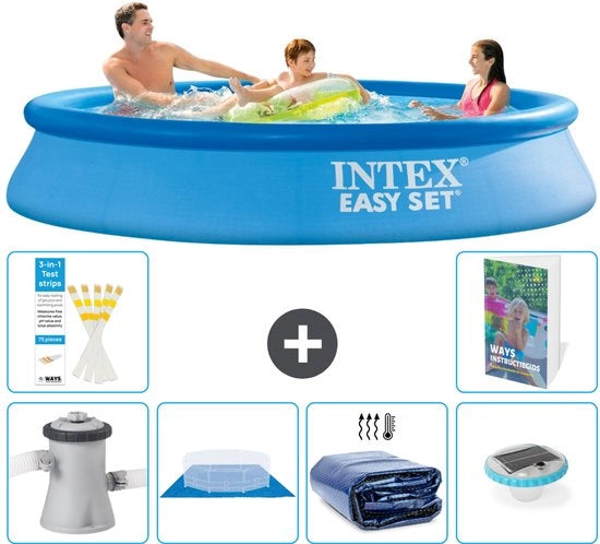 Piscina Rond Opblaasbar Easy Set - 305 x 61 cm - Blu - Inclusa Pompa Teli da Terra - Teli Solare - Illuminazione - 7 pezzi