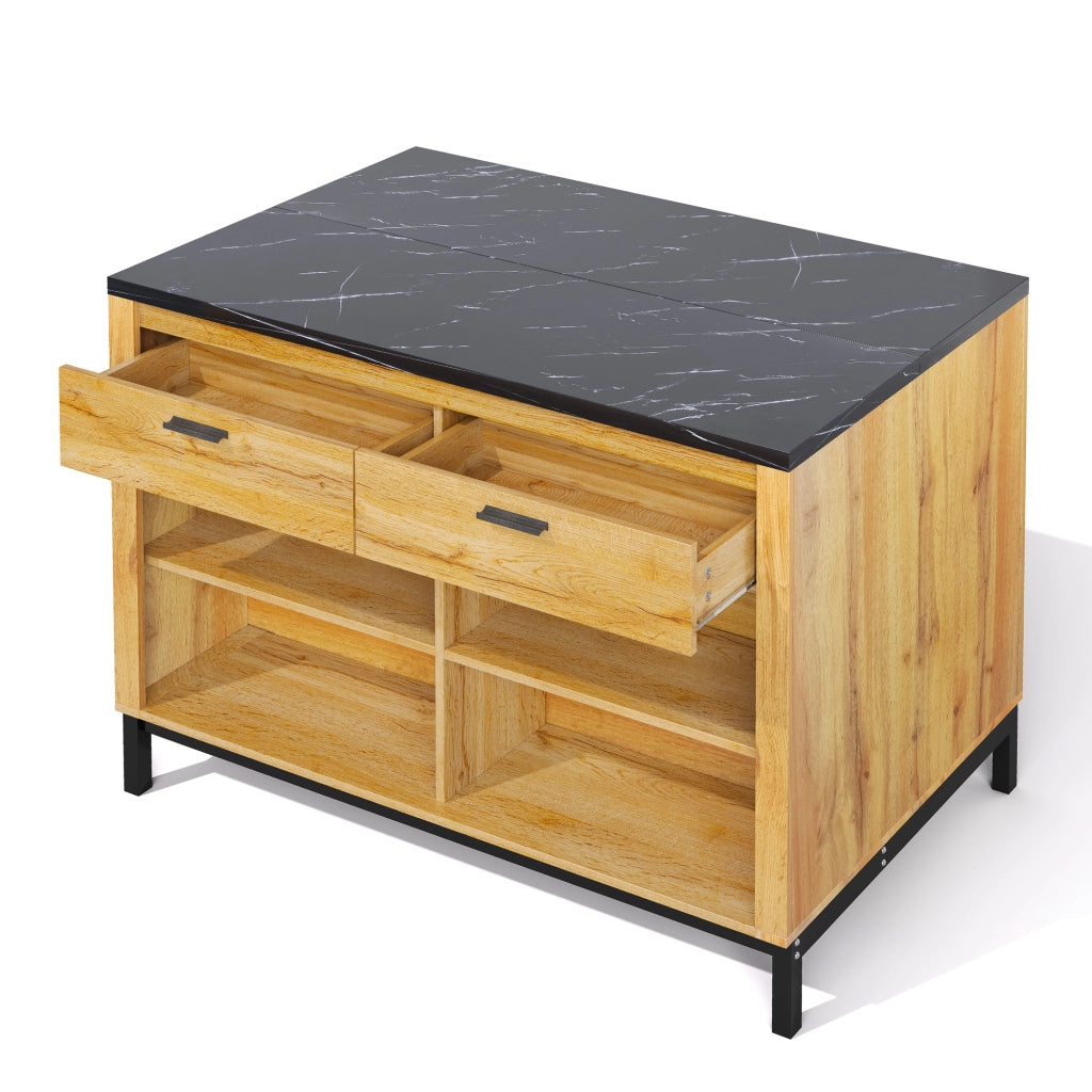 Isola cucina 120 x 75 x 90 cm in stile country con 2 cassetti e ripiani a vista, piano effetto marmo nero, colore nero/naturale