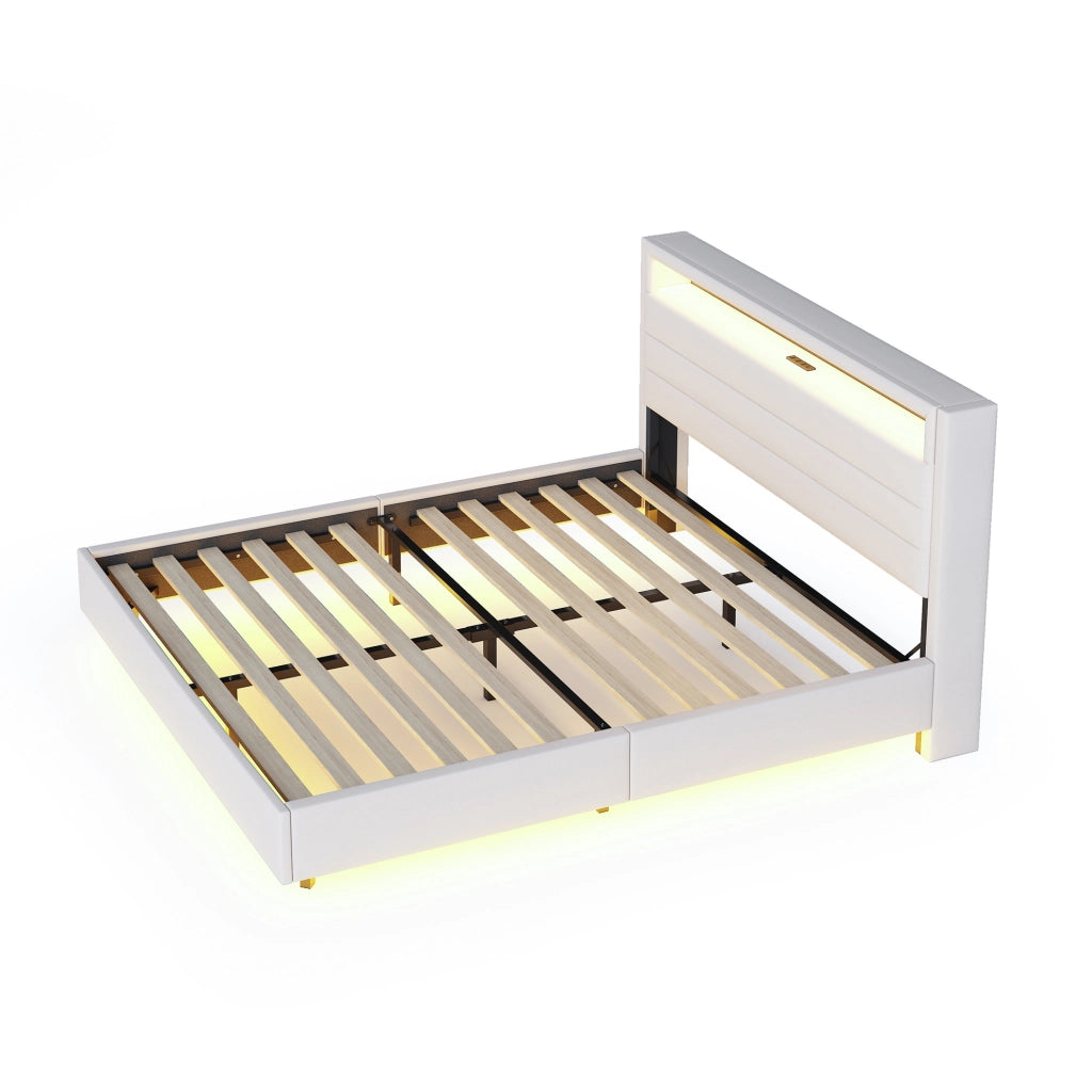 Letto imbottito 160x200 cm beige in tessuto di lino con LED e USB