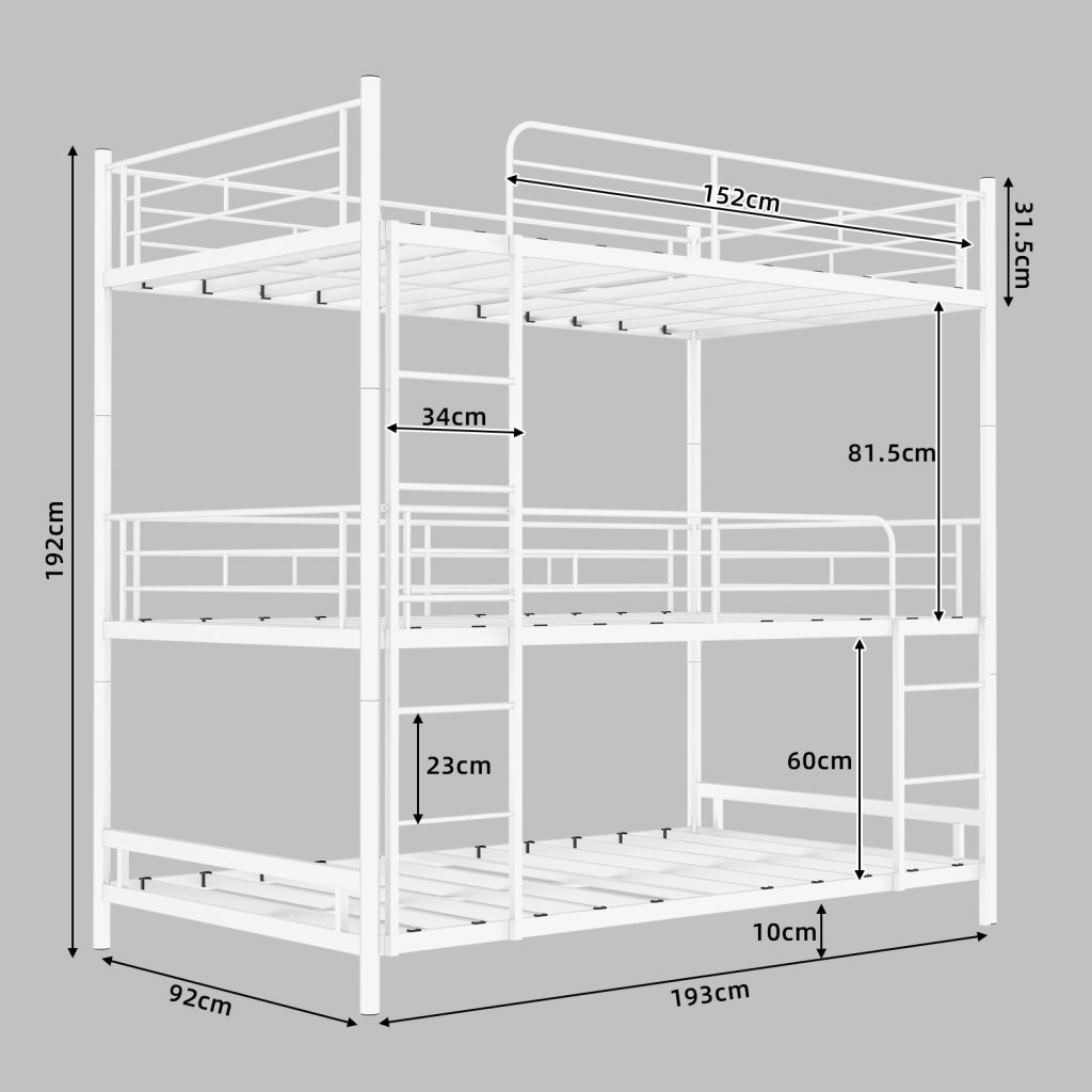 Letto a castello triplo con scala e parapetto continuo in ferro bianco 100x200 cm