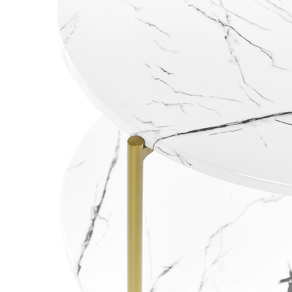 Tavolino bianco mdf dorato e metallo ⌀ 40 cm ripiano effetto marmo gambe moderno glam soggiorno