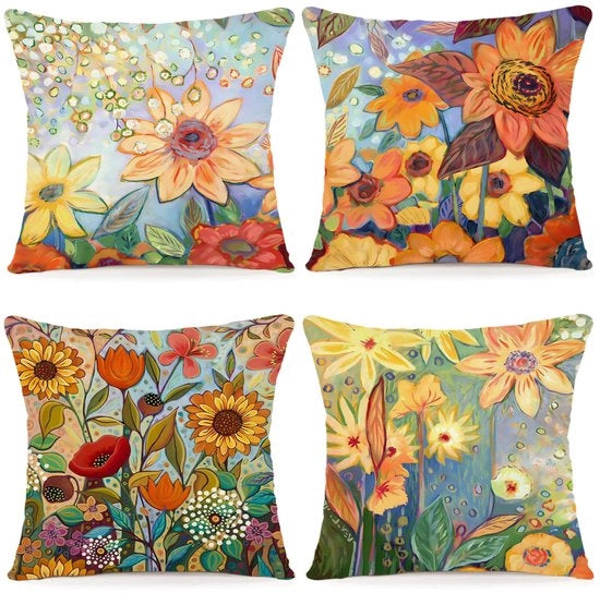 Set di 4 Copricuscini Decorativi 45x45cm in Tela con Disegno di Fiori Aquarello per Cuscini di Divano e Soggiorno