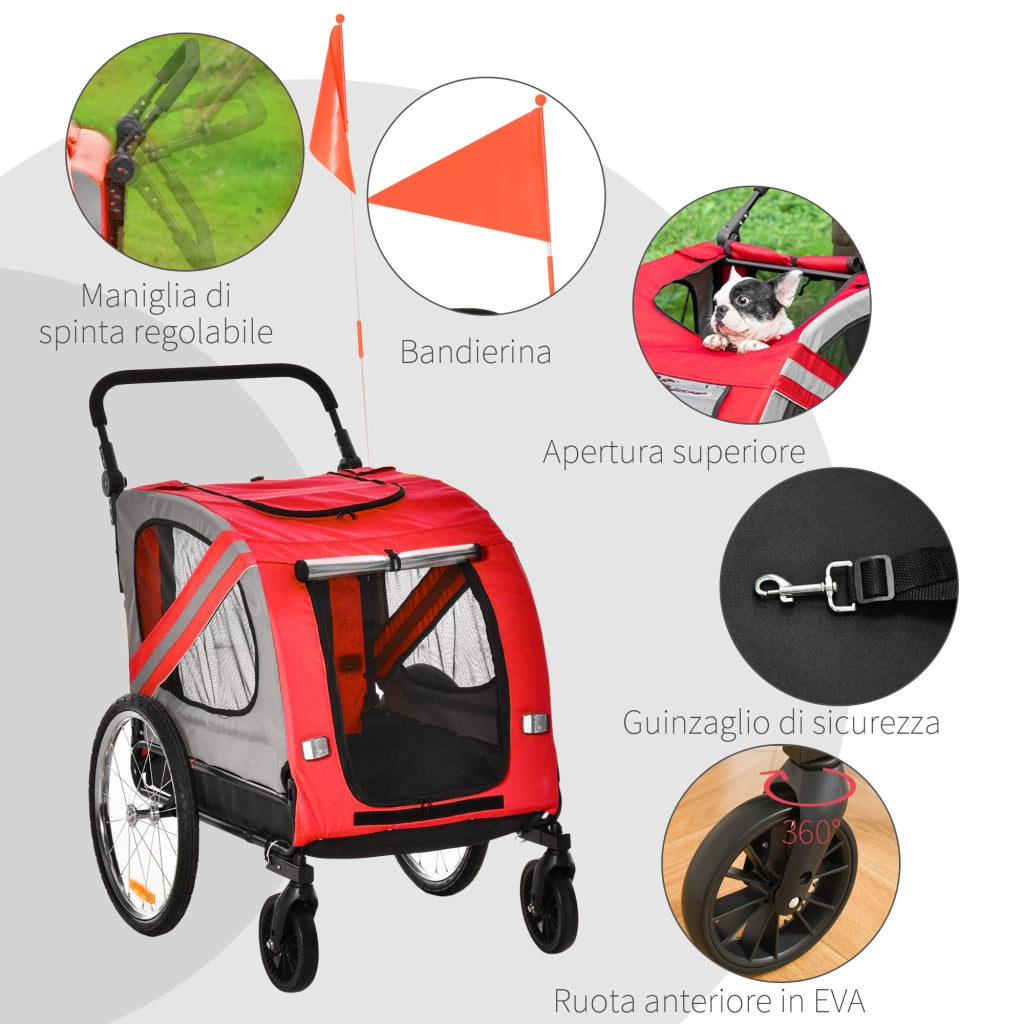 Easycomfort Rimorchio Cani con Ingresso a Cerniera, Ruote e Bandiera, in Acciaio e tessuto Oxford, Rosso Argento Nero