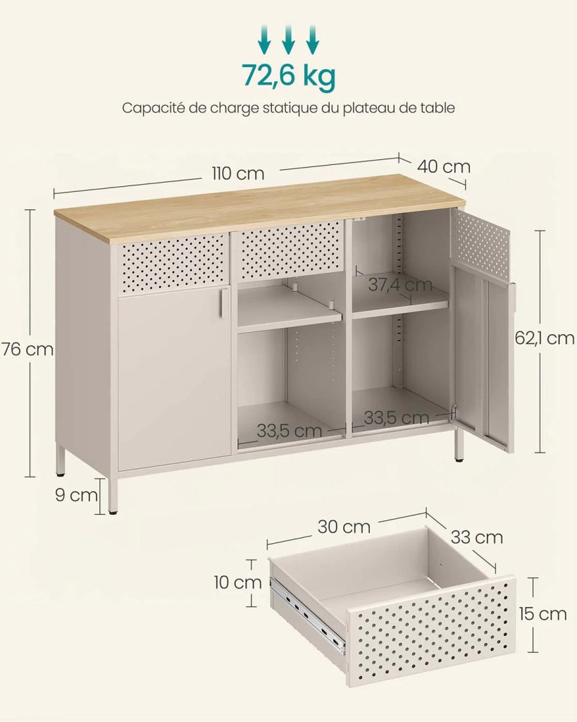 Mobiletto portaoggetti in metallo 40 x 110 x 76 cm credenza a due ante con chiusura magnetica ripiani regolabili struttura in acciaio beige 12_0007933