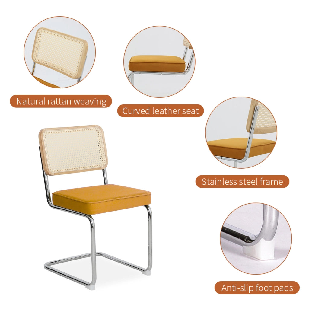 Sedie da Pranzo Set 4 Pezzi ¨C MINIMAL ¨C Velluto e Rattan, Gambe in Metallo, Imbottite, Moderne
