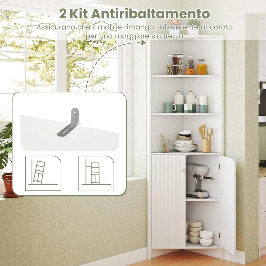 Mobile da Bagno Alto, Mobiletto d’Angolo a 5 Livelli con 2 Ante, 3 Scomparti Aperti e Ripiano Regolabile, per Soggiorno, Cucina e Lavanderia, 32 x 58 x 172,5 cm (Bianco)