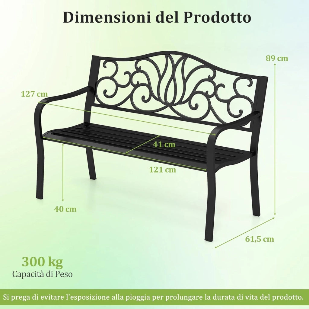 Panchina da Giardino 2-3 Posti, Panca in Metallo con Schienale Decorato a Motivo Floreale e Seduta a Doghe, Portata 300 kg, Panca per Veranda con Braccioli per Patio, Cortile e Prato