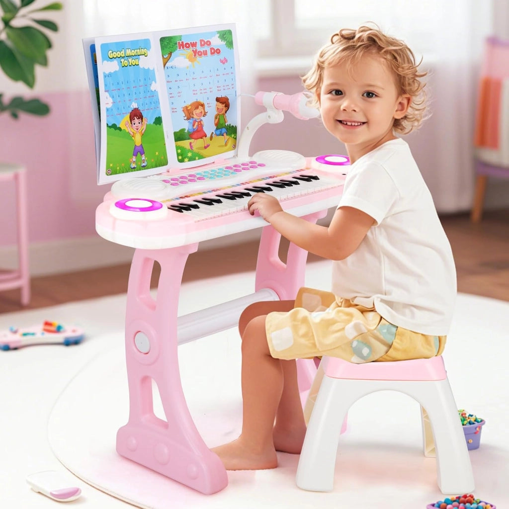 Set Pianoforte Digitale 37 Tasti per Bambini, Tastiera Elettronica con Microfono Sgabello, 8 Ritmi e 8 Strumenti, Funzioni di Record e Playback, Pianoforte Giocattolo per Ragazzi 3+Anni (Rosa)