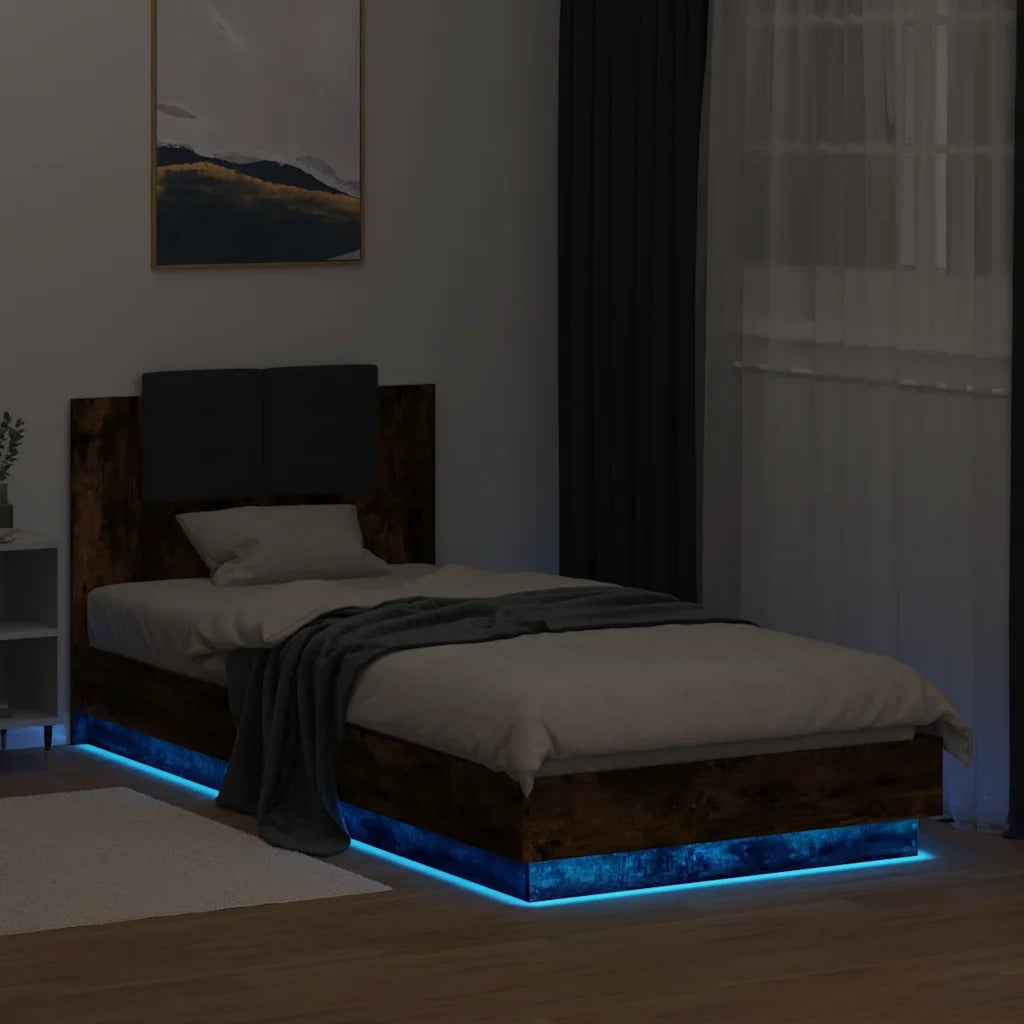 Letto singolo | Letto per adulti | Giroletto con Testiera e LED Rovere Fumo 100x200 cm