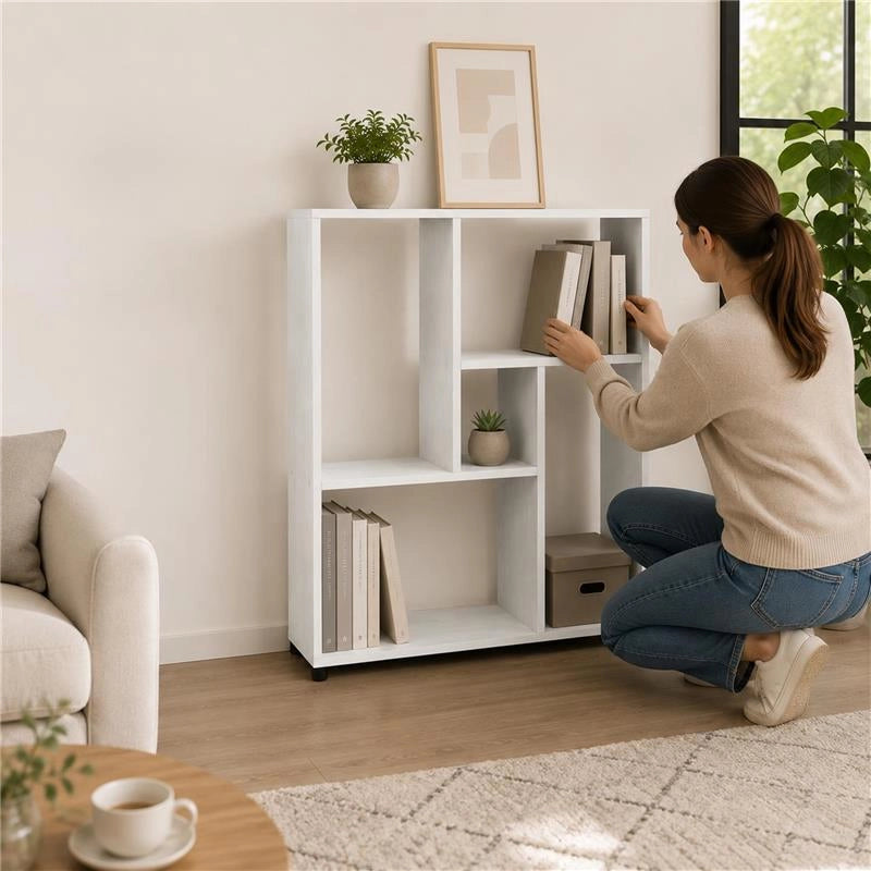 LIBRERIA IN LEGNO BIANCO MODERNA CON CINQUE RIPIANI SFALSATI DIMENSIONI  80X24X82,5 CM