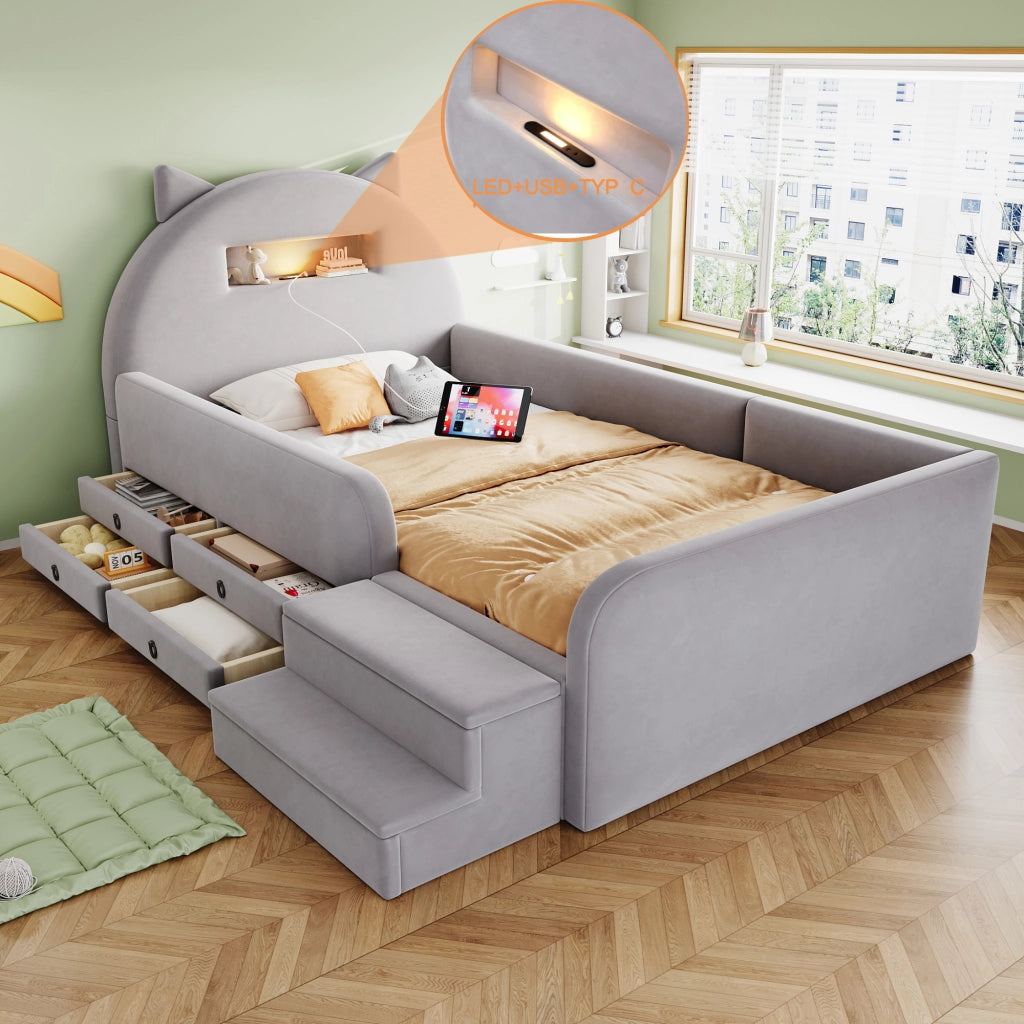 Letto Singolo 90x200 cm; Contenitore; USB e Lampada in Velluto; Grigio Chiaro