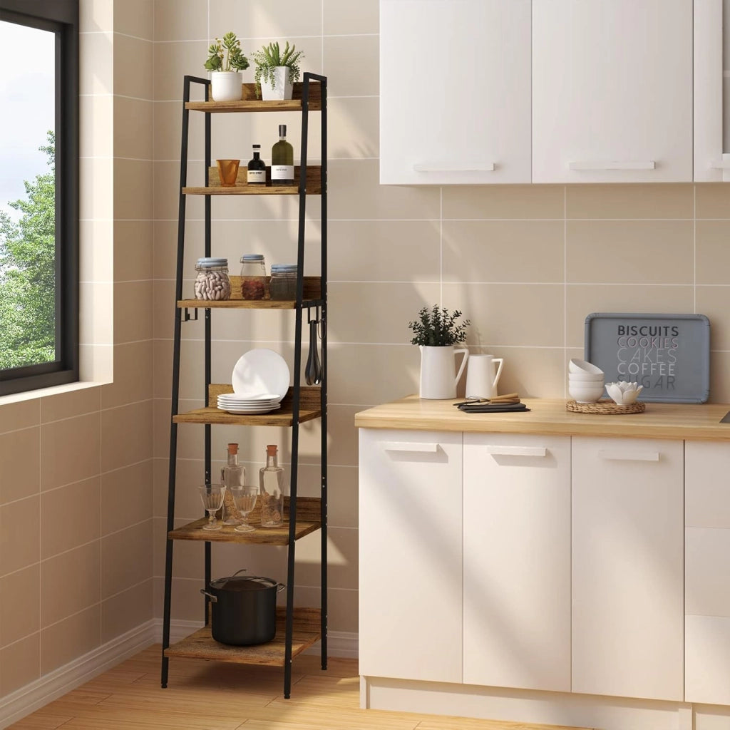 Libreria a 6 Ripiani, Scaffale con 4 Ganci Industriale, Scaffale a Scala in MDF e Metallo per Soggiorno, Cucina, Studio, Ufficio,Nero,41x36x187cm RGB930hov