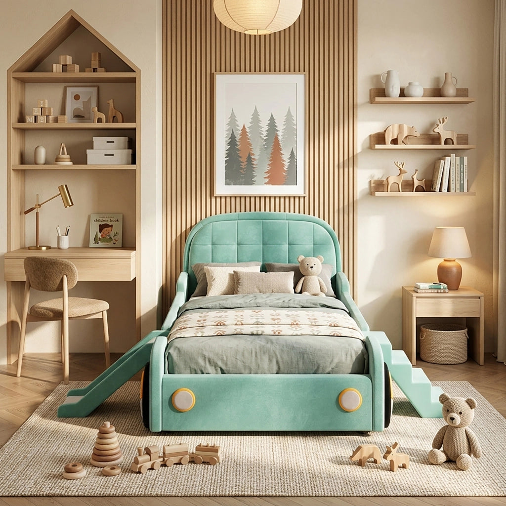 LETTO Auto con scivolo e scala 90x200 cm Velluto Blu-verde