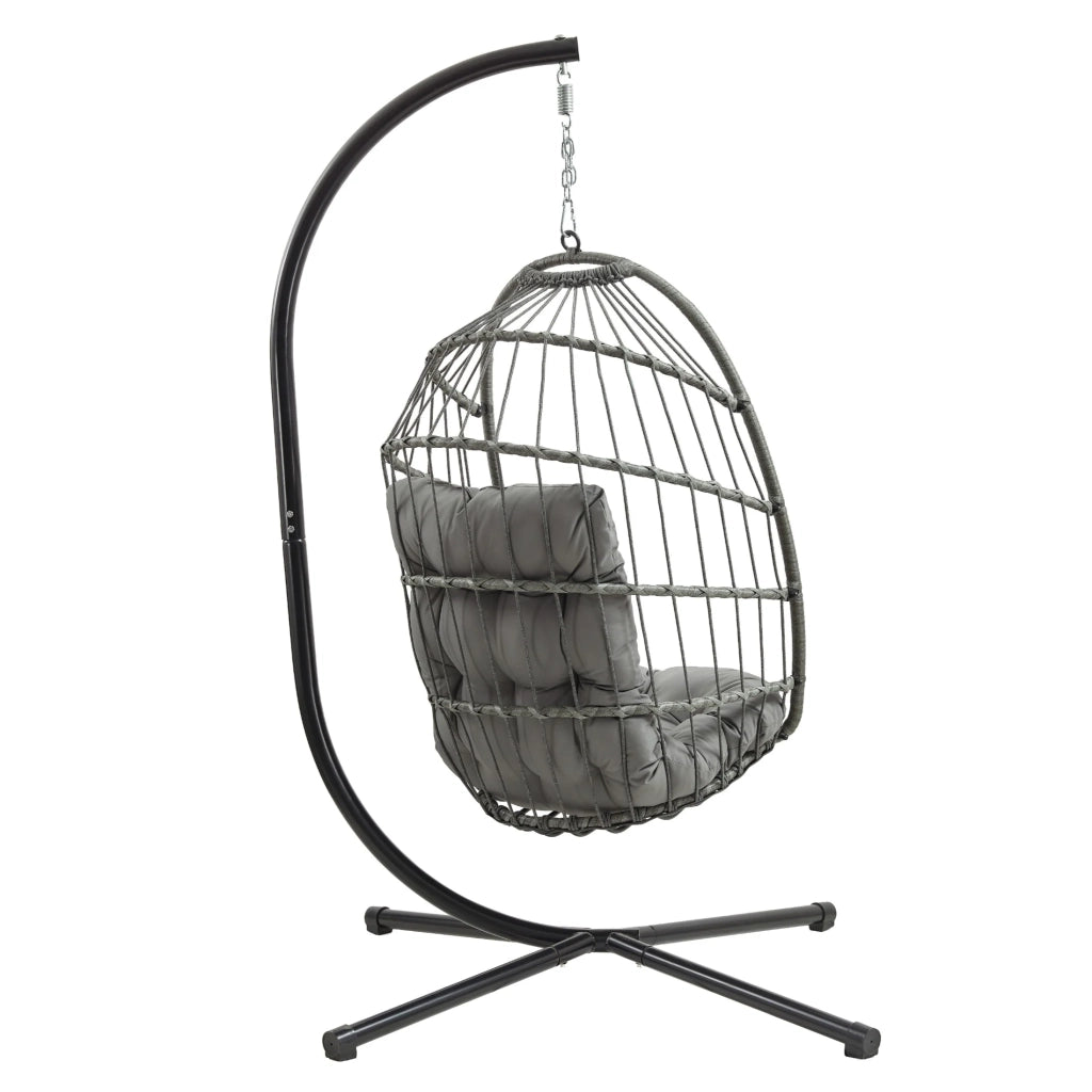 Poltrona Uovo Sospesa Rattan Grigio Altalena Giardino con Cuscino