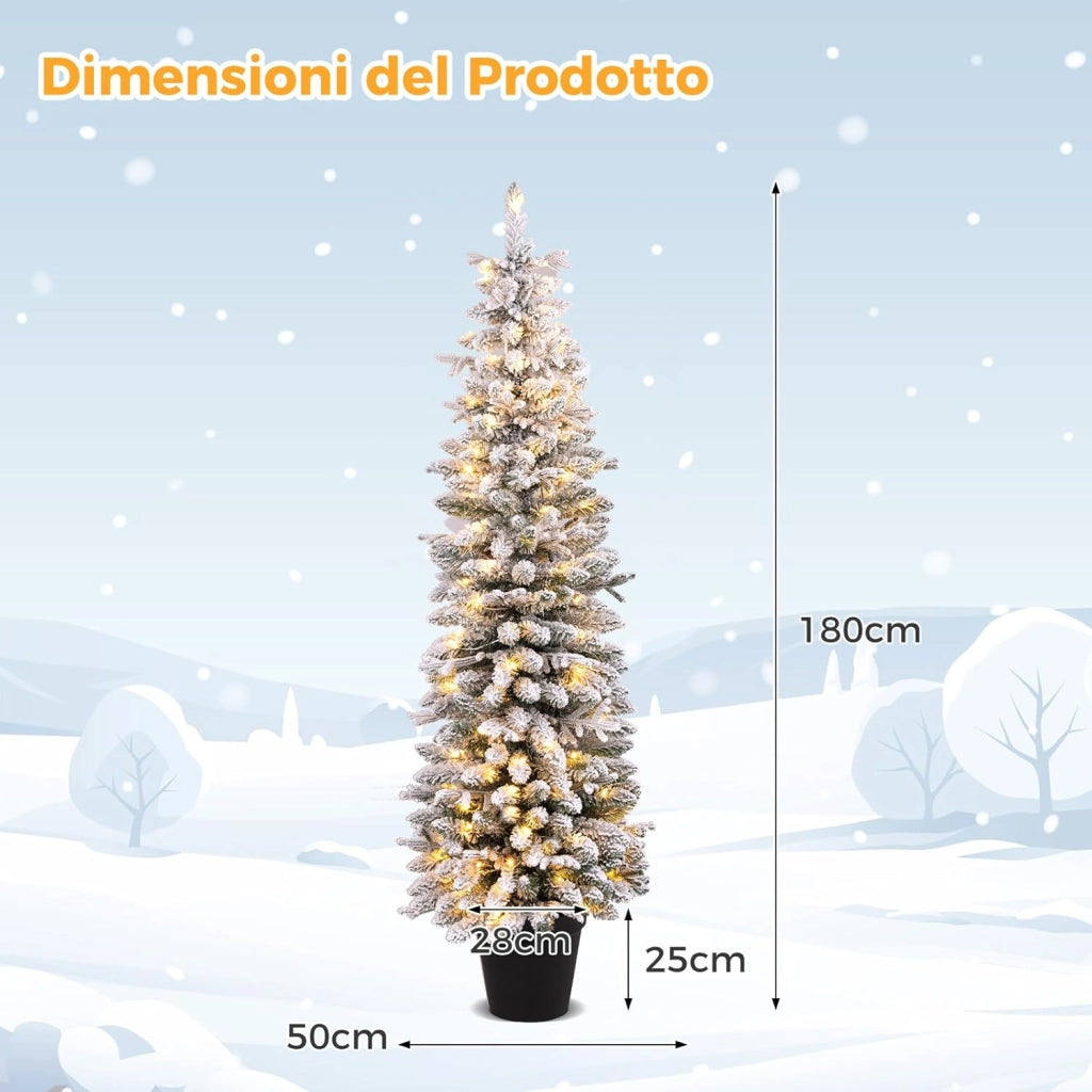 Albero di Natale Slim Pre-illuminato 150/180 CM, Albero di Natale Innevato con 120/140 Luci LED Bianche Calde, 249/334 Rami e 8 Modalità di Illuminazione e Vaso (180 CM)