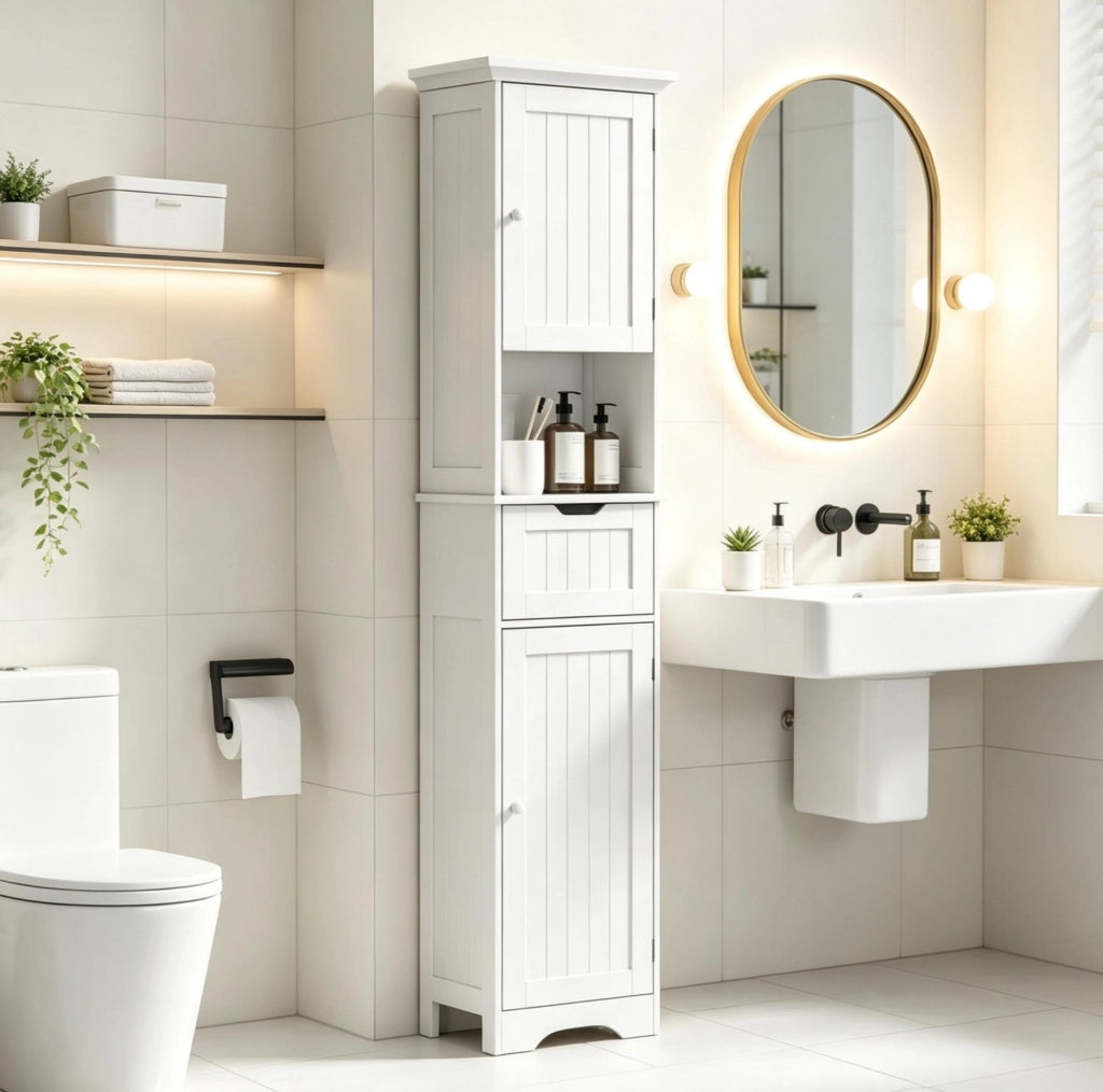 Colonna bagno bianca slim in MDF con LED sensore, cassetto e ripiani regolabili