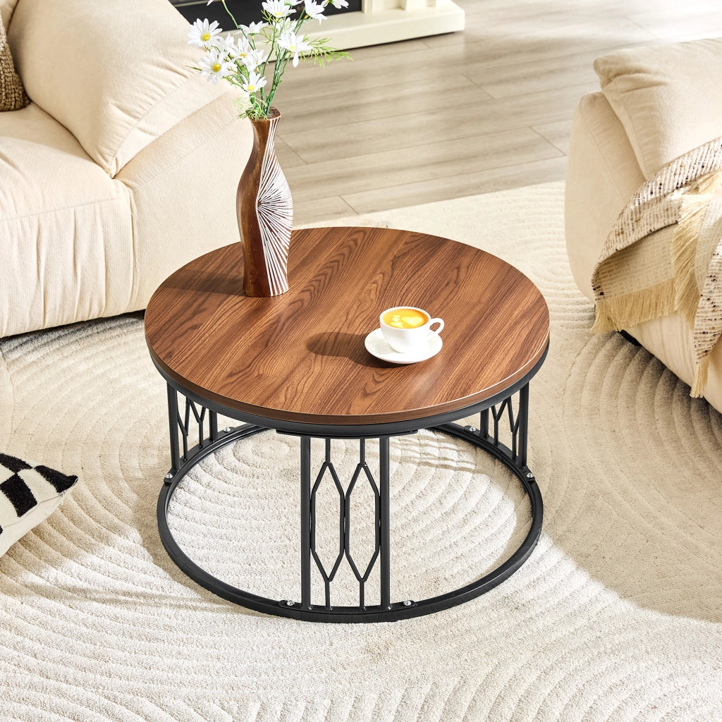 Tavolino basso rotondo con piano effetto legno, base in metallo e anello antiscivolo per soggiorno, noce, 70 × 40,5 cm