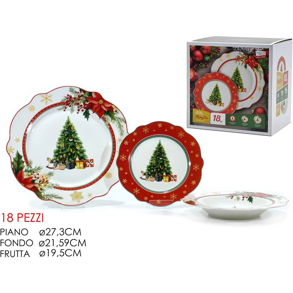 Trade Shop - Servizio Di Piatti Natalizi Da 18pz In Porcellana Per Festività Design Ondulato Elegante -