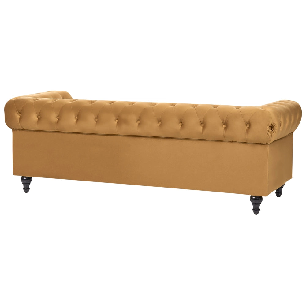 Divano Chesterfield Tessuto Velluto Dorato Rivestimento Gambe Nere 3 Posti