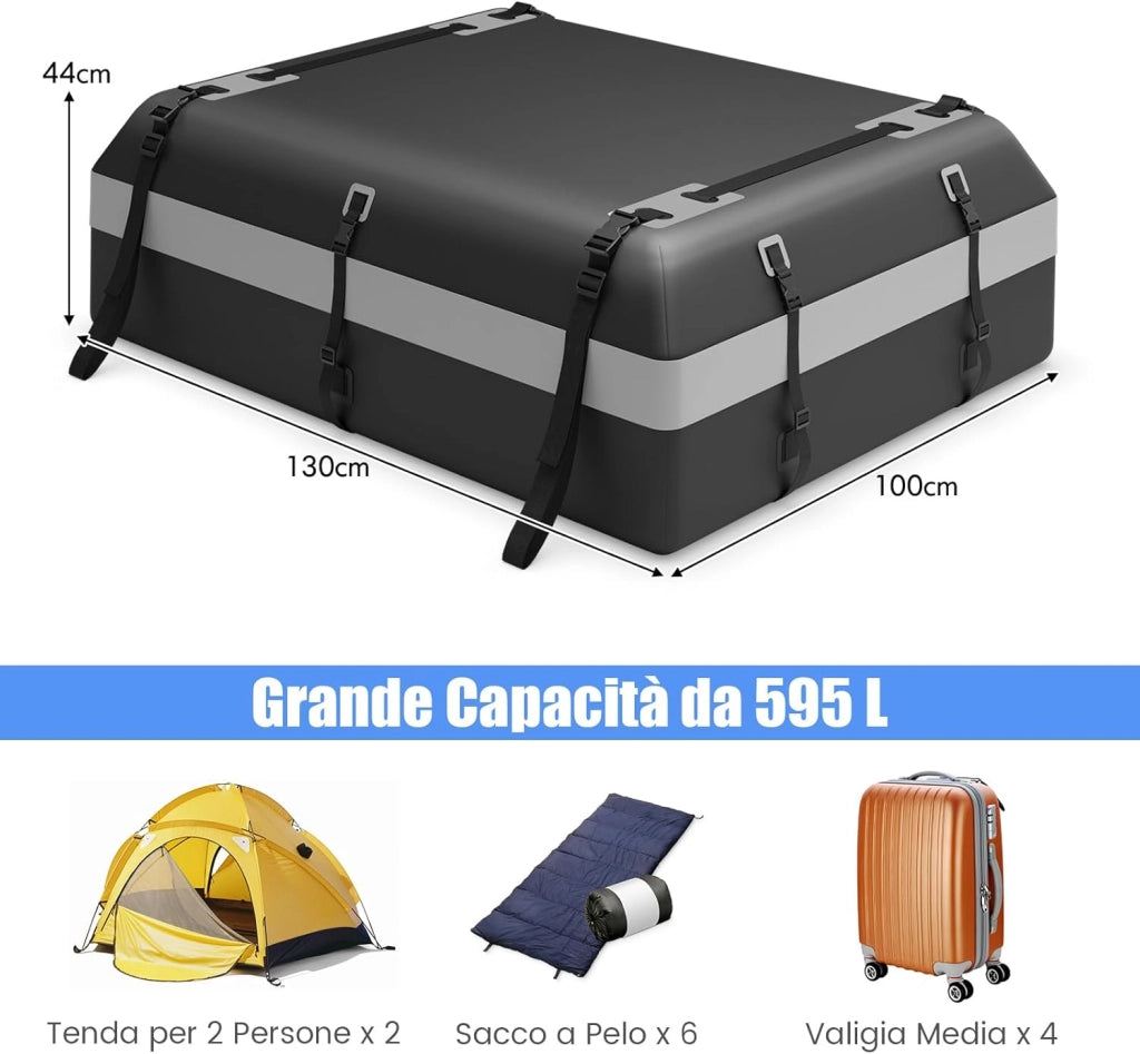 Borsa da Tetto per Auto Impermeabile 21Cu.Ft/595L, Box Tetto Universale con Tappetino Antiscivolo+ 12/14 Cinghie+ 6 Ganci, Sacca per Auto con/senza Barre Portapacchi (Grigio, 21Cu.Ft/595L)