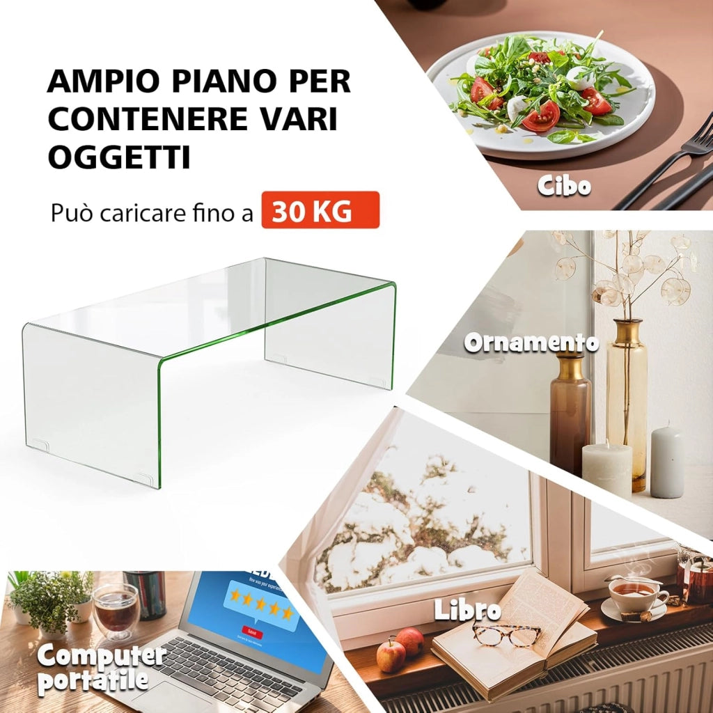 Tavolino da Salotto in Vetro Temperato, Tavolino Soggiorno a Forma di U con Bordi Lisci Arrotondati e Piedini, Tavolino Basso Moderno da Soggiorno, Ufficio e Hotel, 108 x 50 x 35 cm