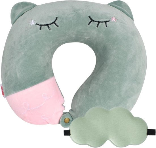 Cuscino di sospensione con schiuma di espansione, cuscino U a forma di cuscino per viaggi, auto, treno - Cuscino portatile con maschera da sonno 3D - Ufficio, pisolino, sostenimento comodo.