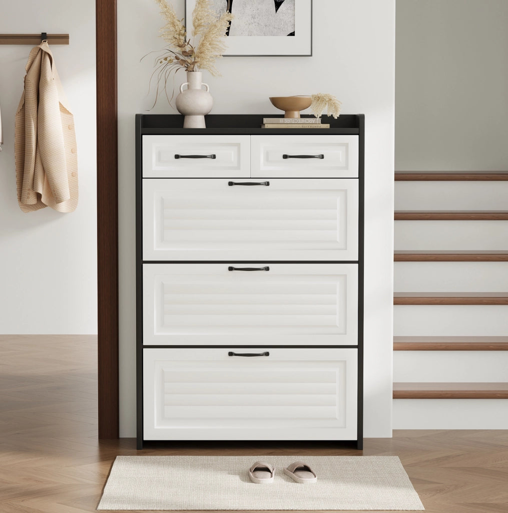 Scarpiera salvaspazio con 3 vani girevoli e 2 cassetti; 80x23;5x131 cm; bianco e nero