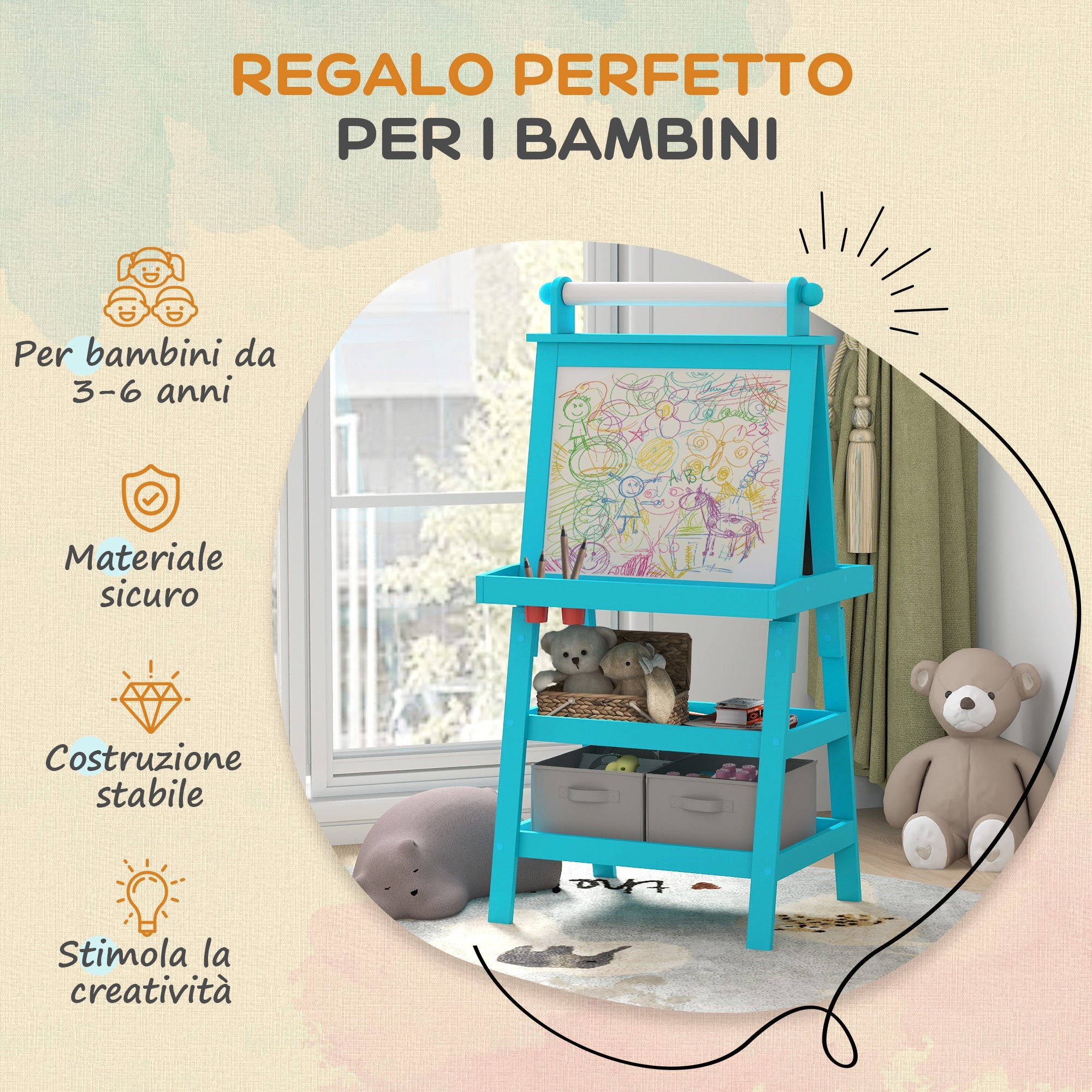 Lavagna per Bambini 3 in 1 con Cavalletto 59x48x118 cm Blu