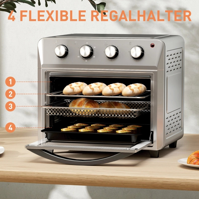Mini forno con convezione, friggitrice ad aria, 6 modalit¨¤ di riscaldamento, timer, accessori, 24 litri, argento.