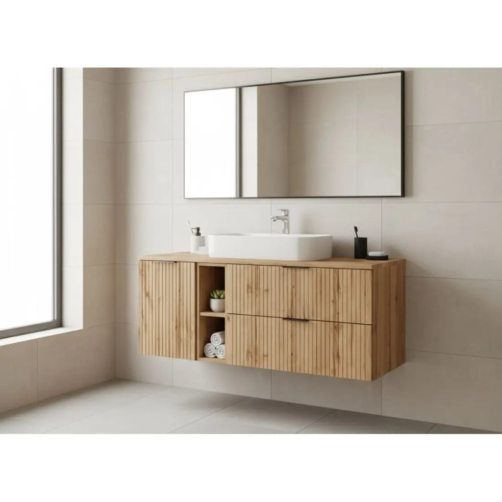 Set da bagno NOXERA 140 cm – Rovere wotan – piano per lavabo con nicchie e cesto della biancheria