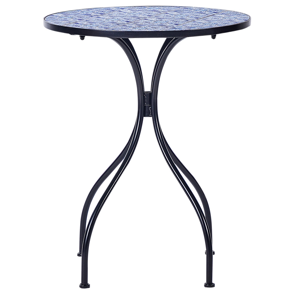 Tavolo da bistrot per esterni in metallo con mosaico blu e telaio in ferro nero stile vintage